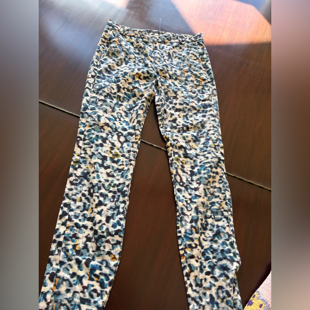 Women's Zara Basic Animal Print Leopard Pants Black Blue Orange Spots Size 4